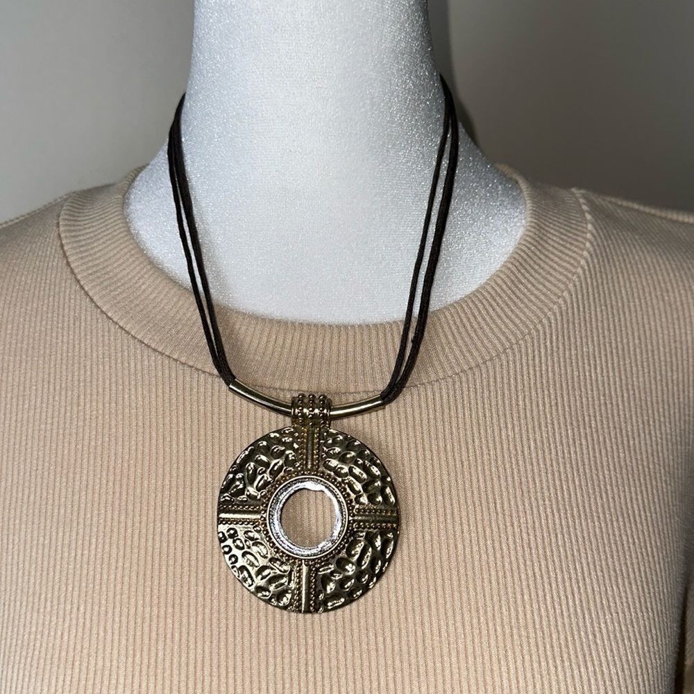 Gold Brass Tone Statement Pebbled Artsy Pendant & Triple Strand Jute Necklace